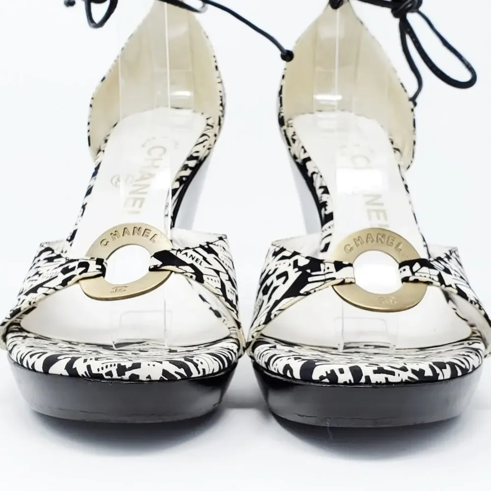 Chanel Canvas Platform Wedge Sandals Ankle Wrap-Around Straps Black White Y2K